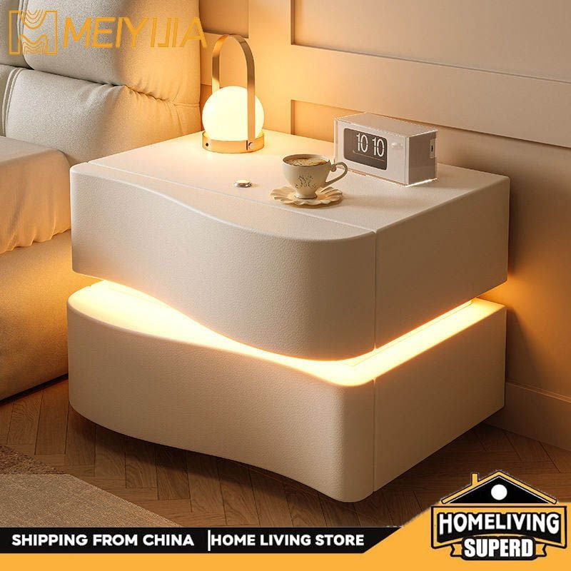 Cream Style Table, Home Bedside Storage Cabinet, Modern Solid Wood Bedroom, Smart Belt Light