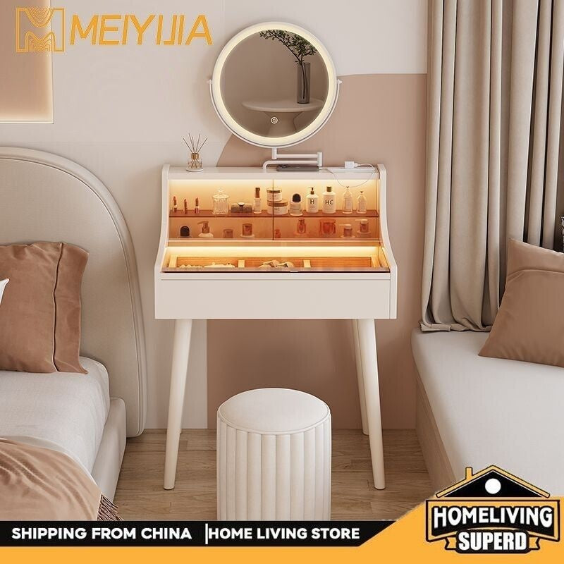 Folding Solid Wood Small Bedroom Premium Feeling Mirror Dressing Table