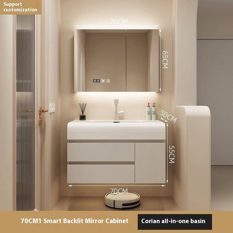 ห้องน้ำสีครีมห้องน้ำตู้กระจกสมาร์ทห้องน้ำฮาร์ดแวร์หิน 