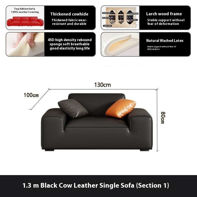 Italian Style Genuine Minimalist Cowhide Living Room Black Leather Sofa