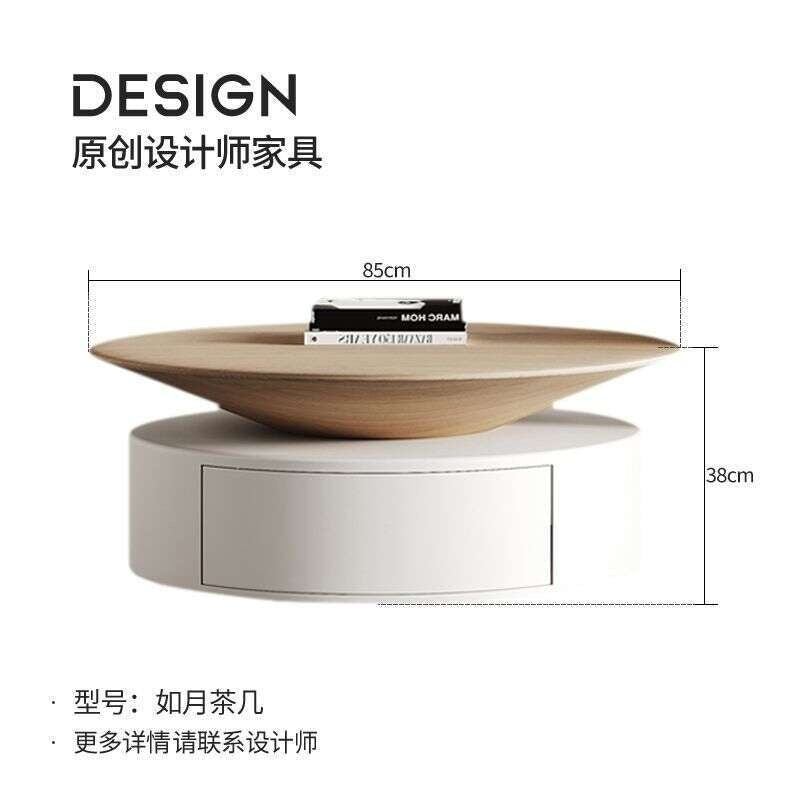 Round coffee table in natural wood color, minimalist modern style, simple for the living room.