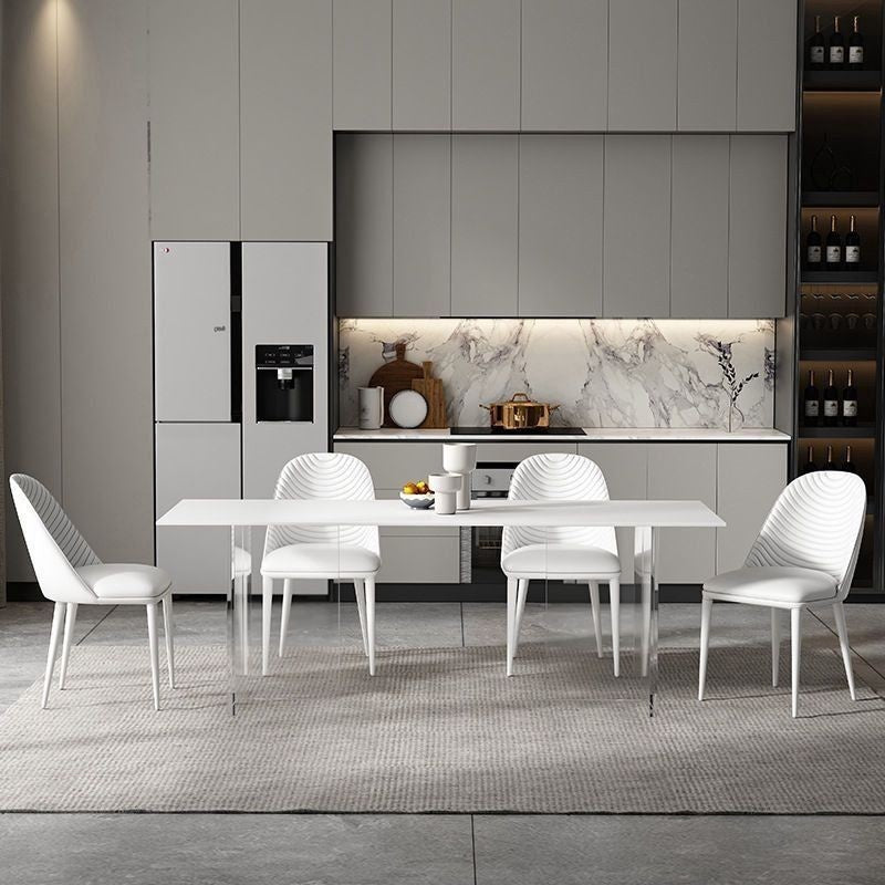 Modern dining table, floating style, minimalist design, acrylic or stone material, square shape, suitable for small homes.