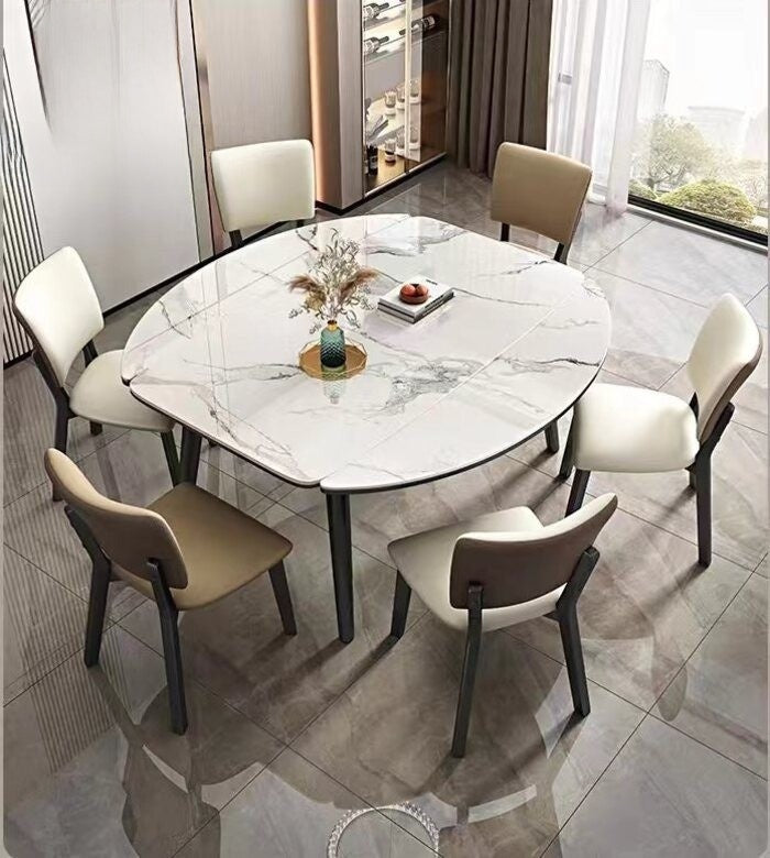 BKK Ready Stock Elegant Marble Pattern Dining Table, Genuine Wood, Expandable, Foldable, Round-Square Modern