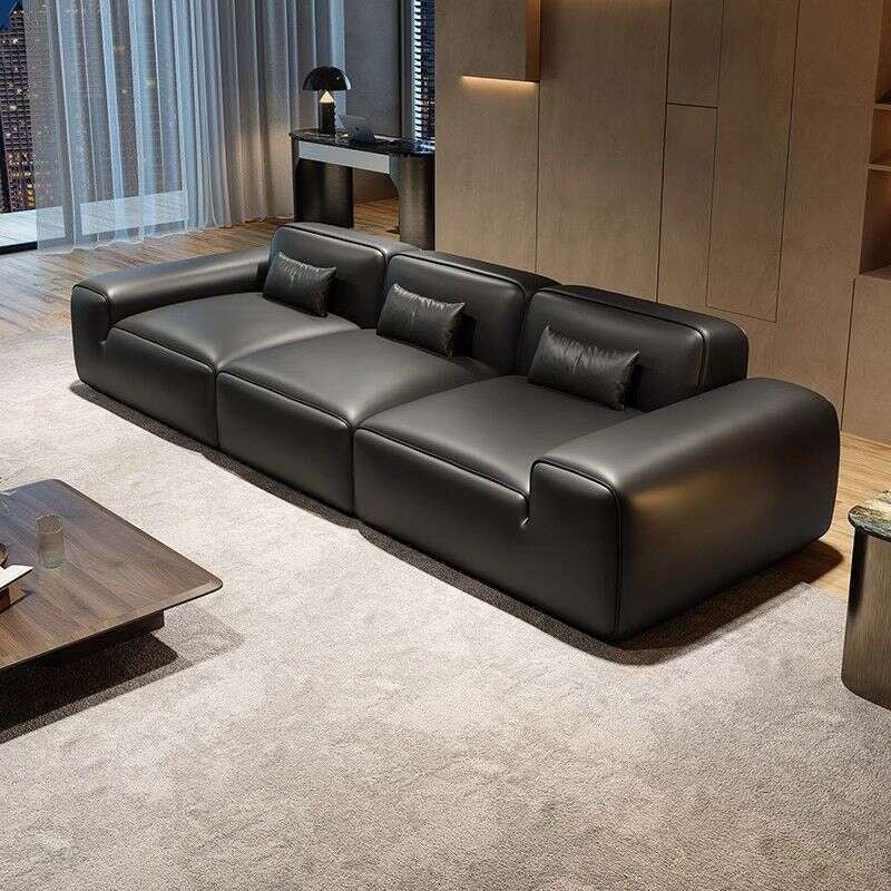 Italian Style Genuine Minimalist Cowhide Living Room Black Leather Sofa