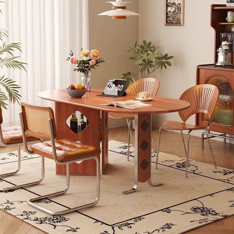 Nordic-French round dining table, cream tone, made from wood and granite. Modern classic style with chairs