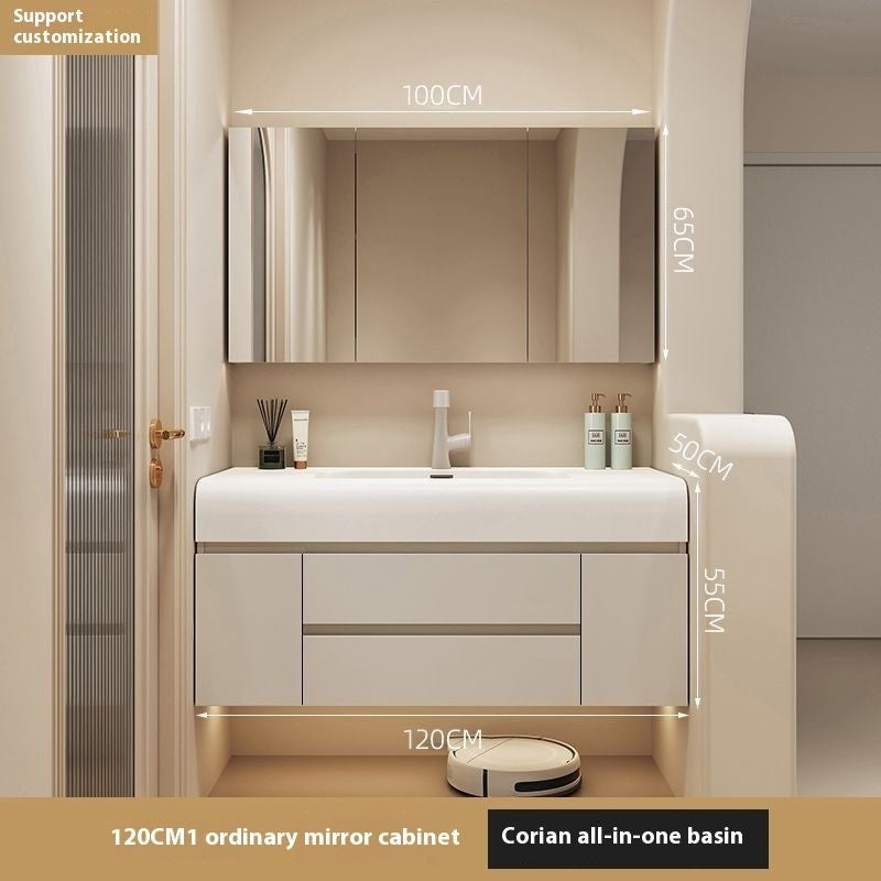 ห้องน้ำสีครีมห้องน้ำตู้กระจกสมาร์ทห้องน้ำฮาร์ดแวร์หิน 