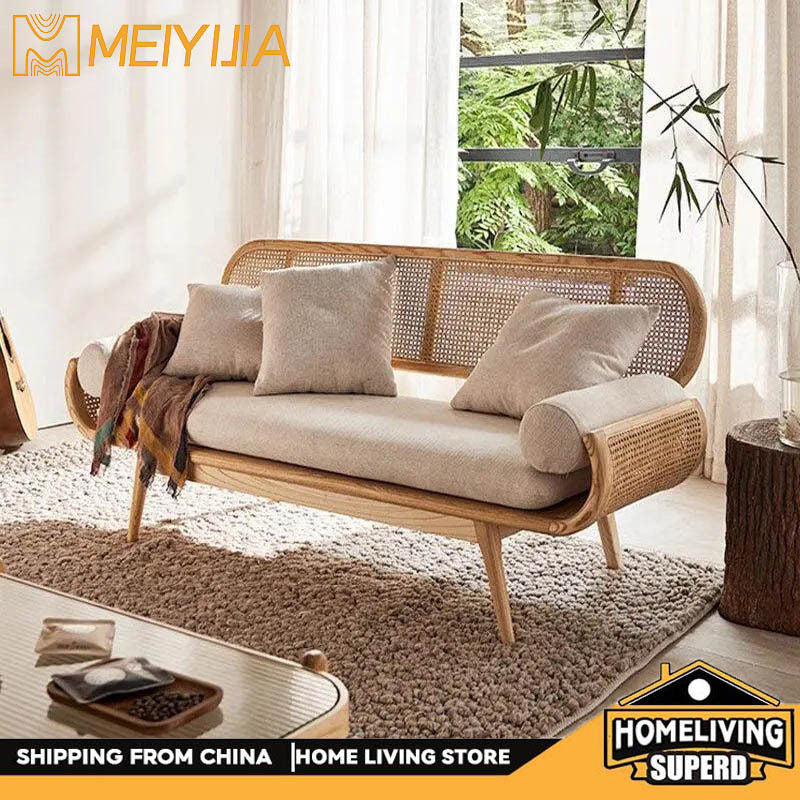 Solid Wood Rattan Woven French Lazy Sofa Living Room Bedroom Balcony Lounge Three-Person Chair