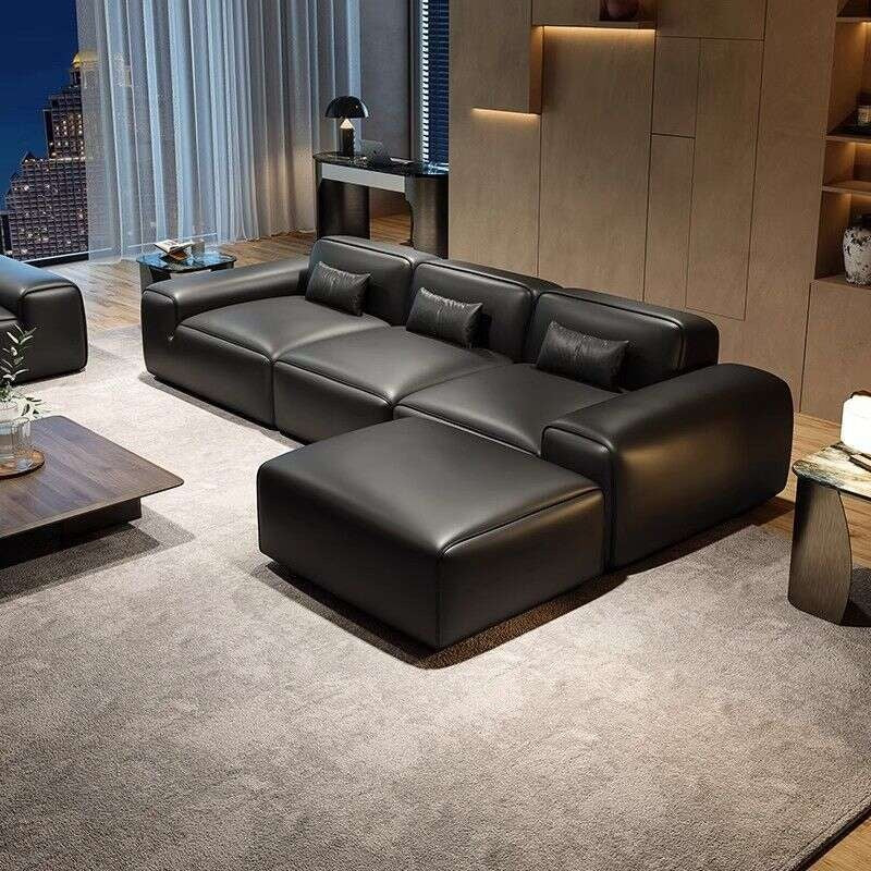 Italian Style Genuine Minimalist Cowhide Living Room Black Leather Sofa