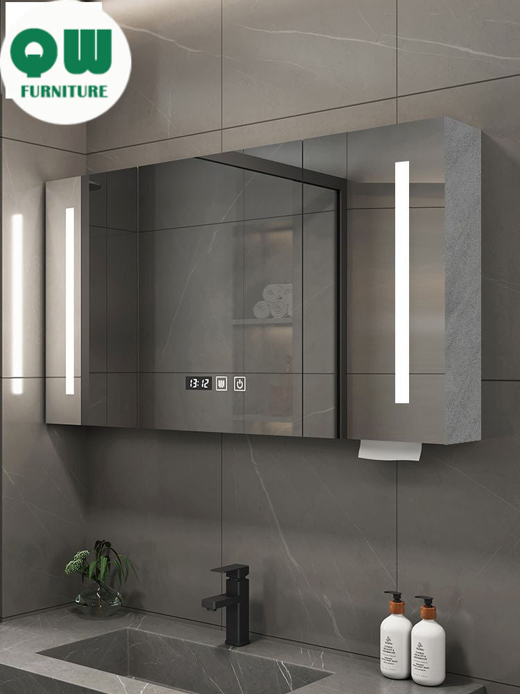 QW- Smart Solid Wood Wall Mounted Bathroom Mirror Storage Cabinet