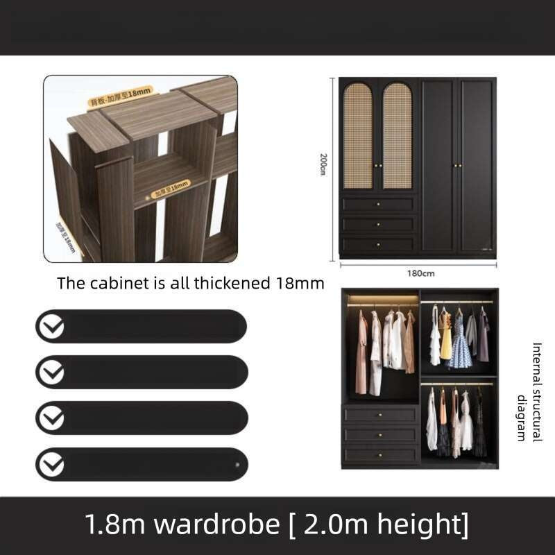 Black Real Wood Wardrobe with Rattan Doors for Home Bedroom small apartment American and French styles
