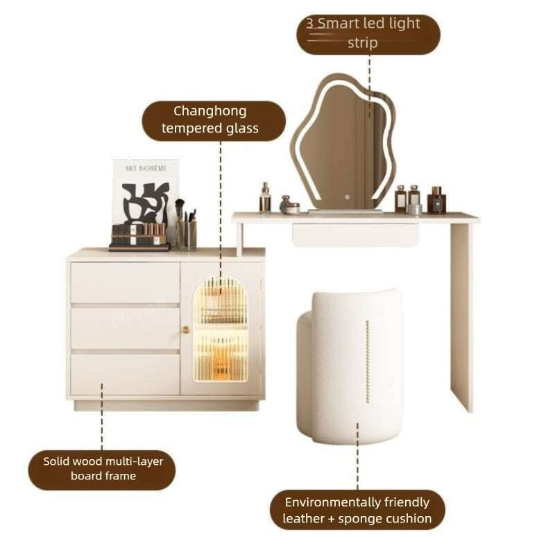Colorless Solid Wood Dressing Table Cream style dressing in a simple bedroom. modern chest of drawers large capacity Integrated makeup table