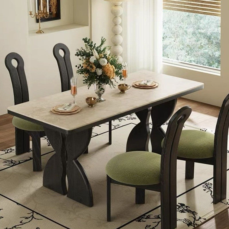 French style dining table set, elegant black granite, premium real wood, square shape for small homes.