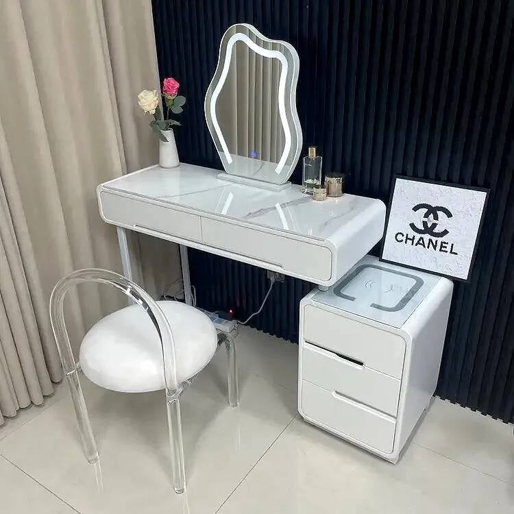 Modern Simple Bedroom Small Style Solid Wood Cream Wind Dressing Table with Smart Cabinet Mirror Chair