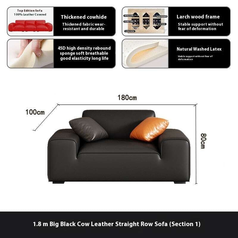 Italian Style Genuine Minimalist Cowhide Living Room Black Leather Sofa
