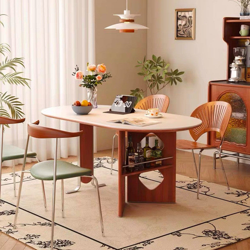 Nordic-French round dining table, cream tone, made from wood and granite. Modern classic style with chairs