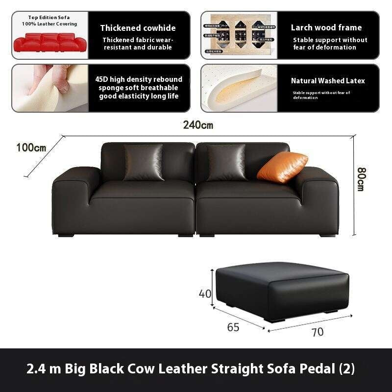 Italian Style Genuine Minimalist Cowhide Living Room Black Leather Sofa