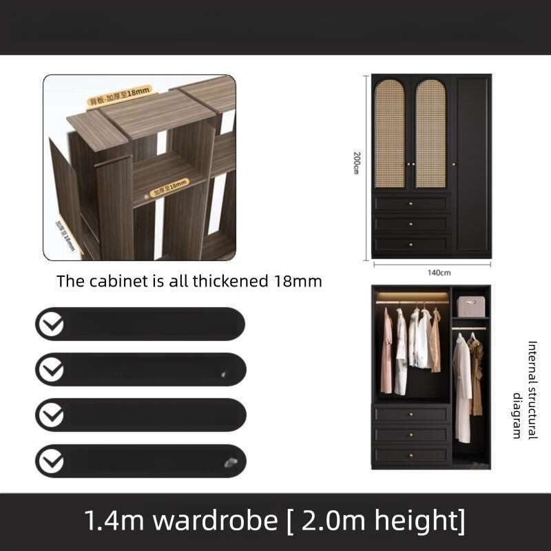 Black Real Wood Wardrobe with Rattan Doors for Home Bedroom small apartment American and French styles