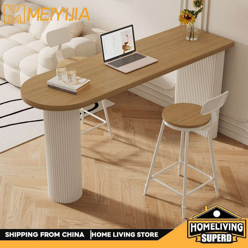 Solid wood coffee bar table, modern simple high chairs, chairs against the wall, long table