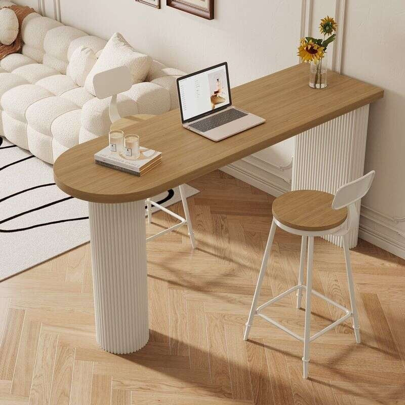Solid wood coffee bar table, modern simple high chairs, chairs against the wall, long table