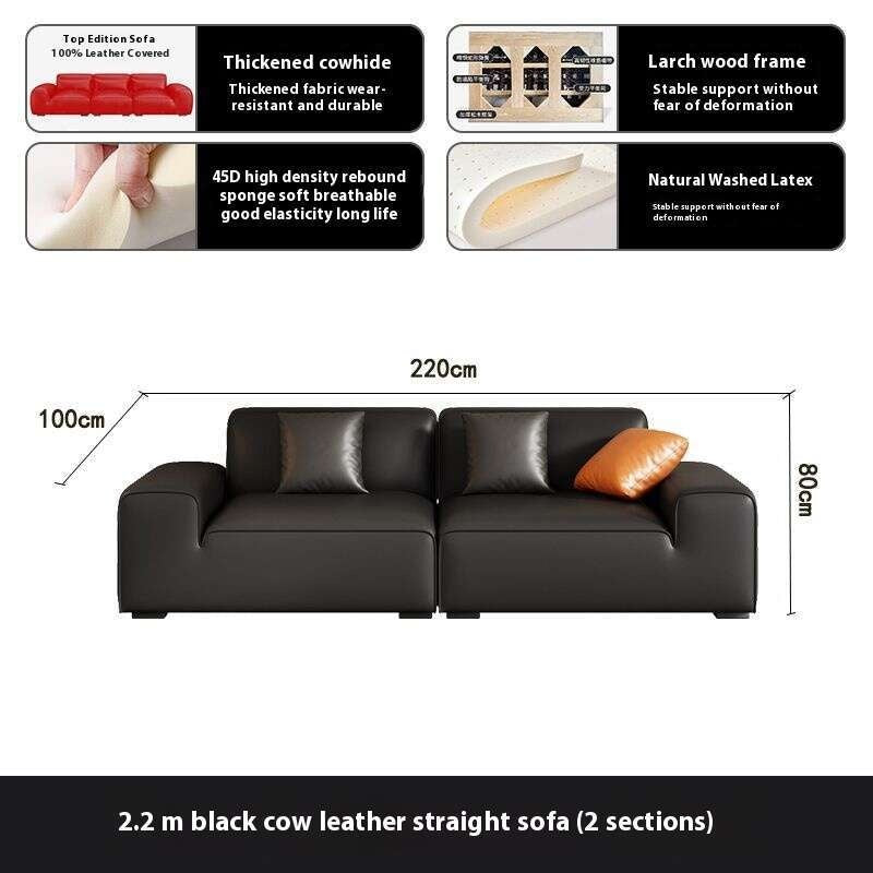 Italian Style Genuine Minimalist Cowhide Living Room Black Leather Sofa