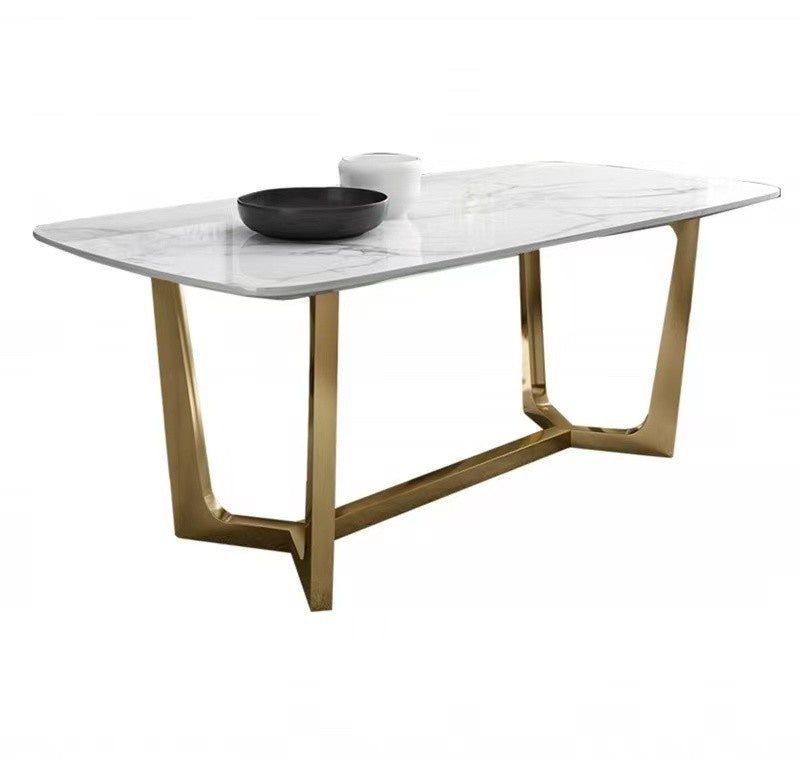 Modern compact square dining table, gold base, stainless steel, marble surface, Nordic style, sturdy and durable.