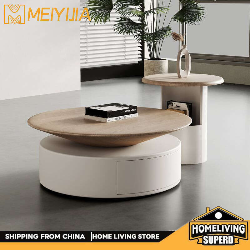 Round coffee table in natural wood color, minimalist modern style, simple for the living room.
