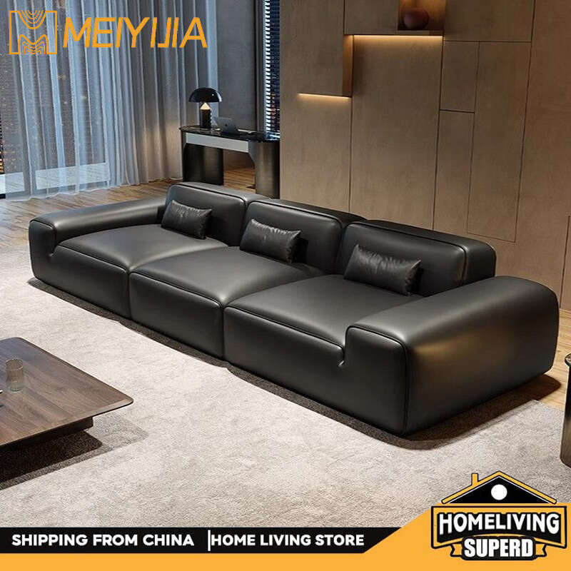 Italian Style Genuine Minimalist Cowhide Living Room Black Leather Sofa