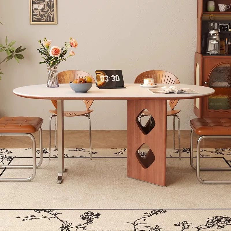 Nordic-French round dining table, cream tone, made from wood and granite. Modern classic style with chairs