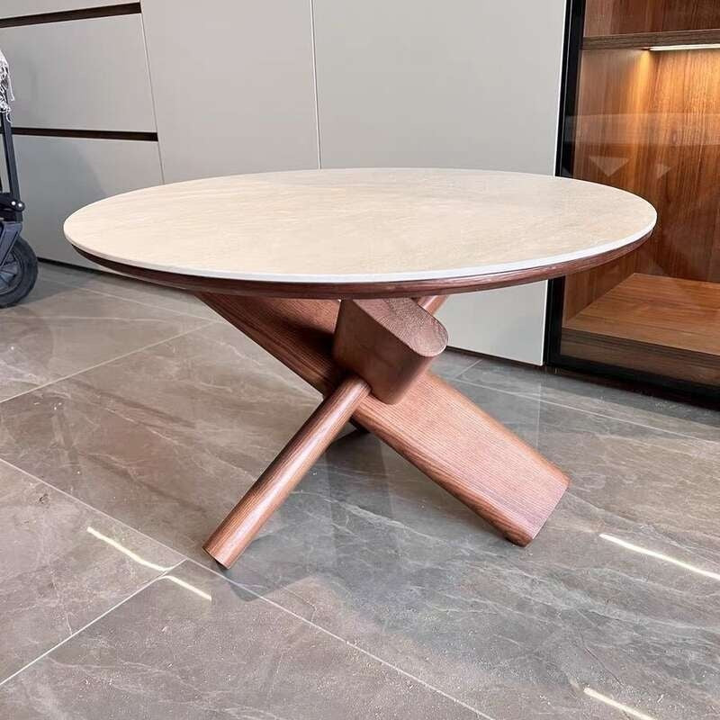 Coffee table, stone board, solid wood, round dowel and white ash base, living room, home coffee table.