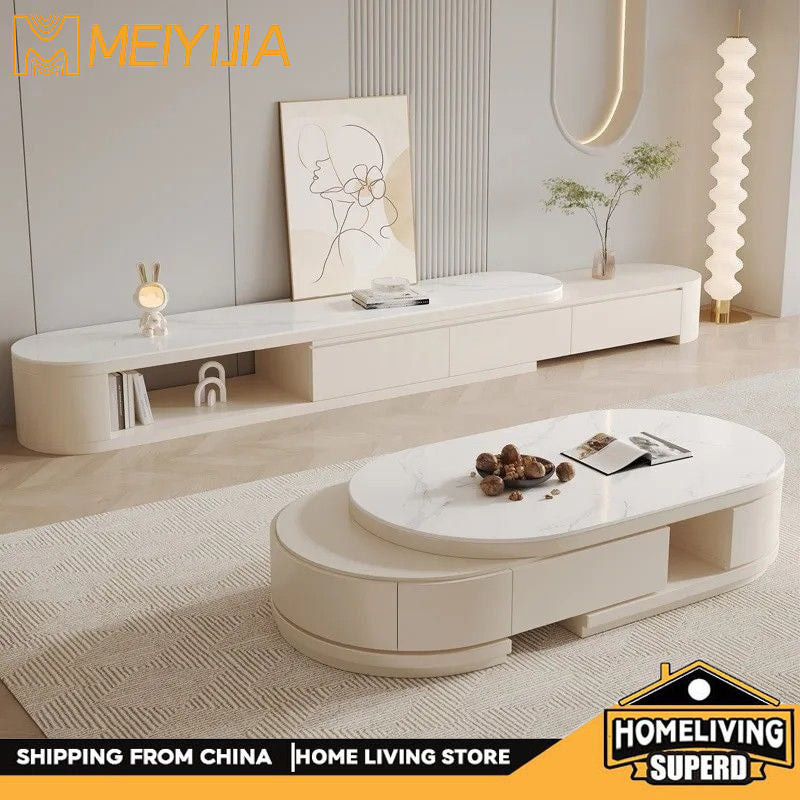 Nordic Light Luxury Modern Coffee Stone Board TV Cabinet Combined Small Oval Foldable Table for Living Room Home