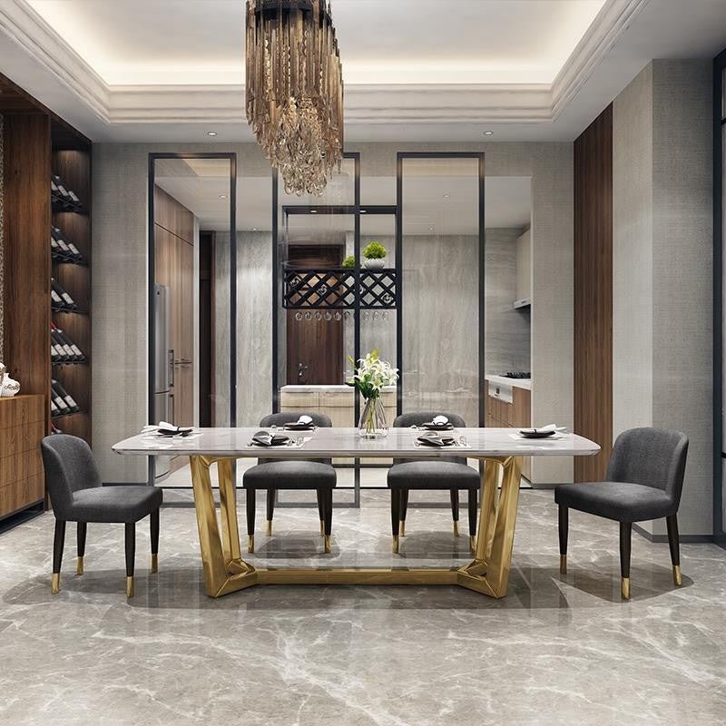Modern compact square dining table, gold base, stainless steel, marble surface, Nordic style, sturdy and durable.