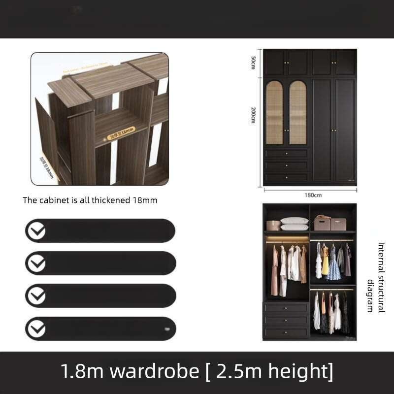 Black Real Wood Wardrobe with Rattan Doors for Home Bedroom small apartment American and French styles