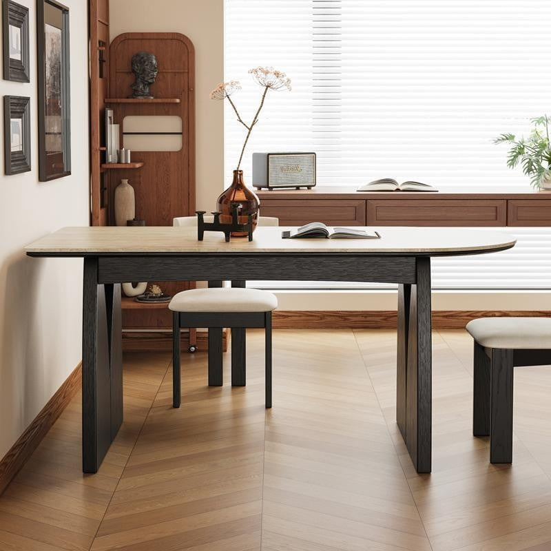 Simple French style oval dining table set Made from solid wood and granite, classic design.