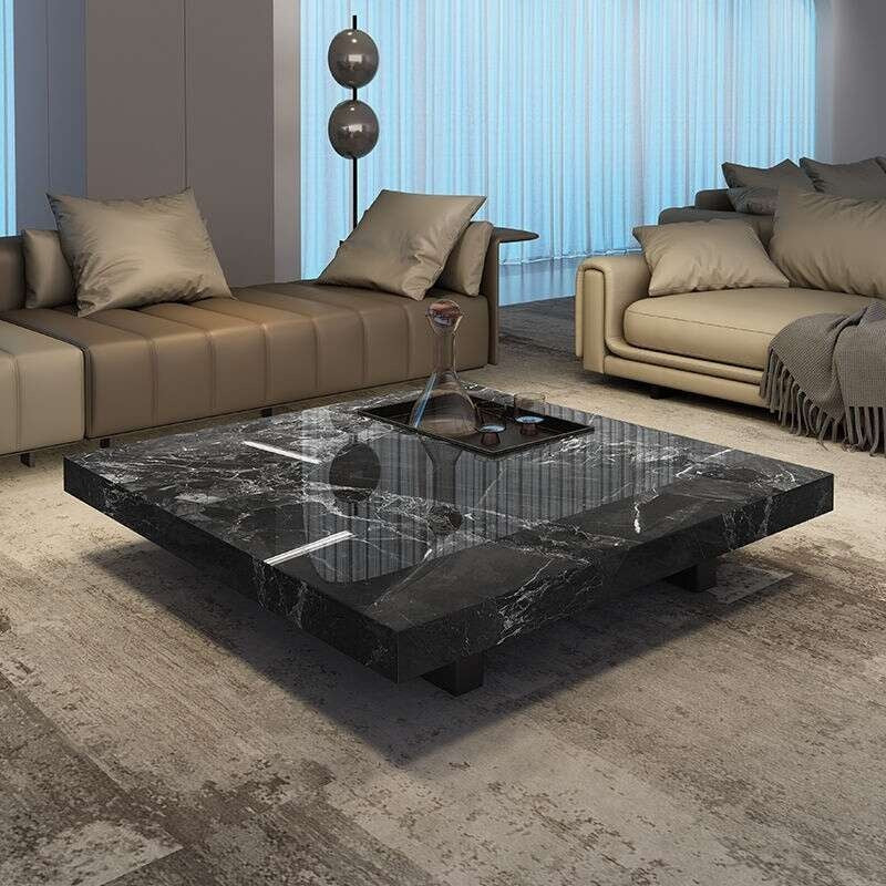 Simple Italian style light luxury small square home living room stone slab solid wood coffee table design sense