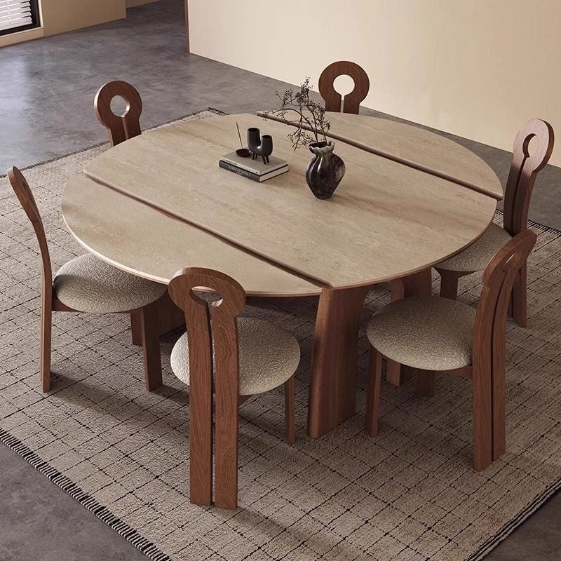 French-style dining table, expandable foldable, made from wood and granite, suitable for small rooms.