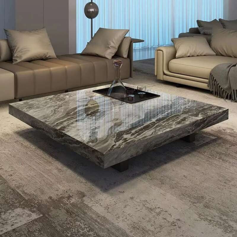 Simple Italian style light luxury small square home living room stone slab solid wood coffee table design sense
