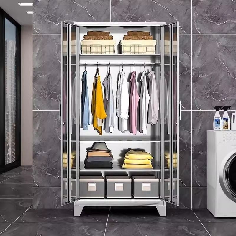 Stainless Steel Wardrobe Home Bedroom Sliding Door Hanging Closet High Capacity Storage Cabinet Balcony All In One Locker