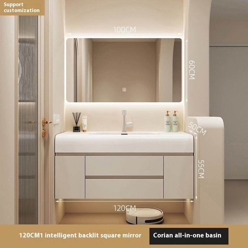 ห้องน้ำสีครีมห้องน้ำตู้กระจกสมาร์ทห้องน้ำฮาร์ดแวร์หิน 