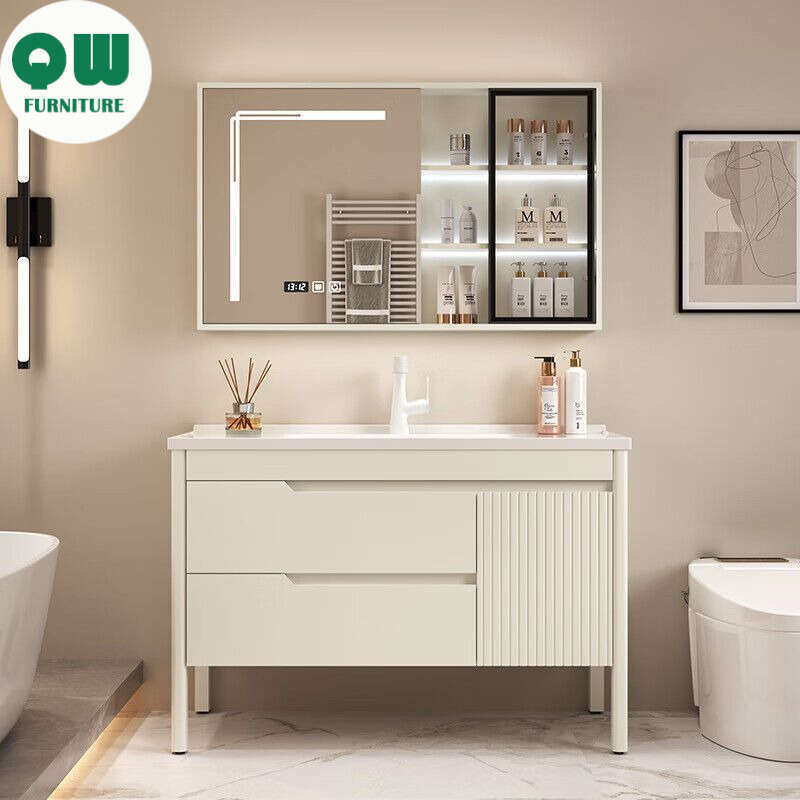 QW- Bathroom storage with oak wood gloss finish, smart mirror cabinet in the bathroom, bathroom sink set
