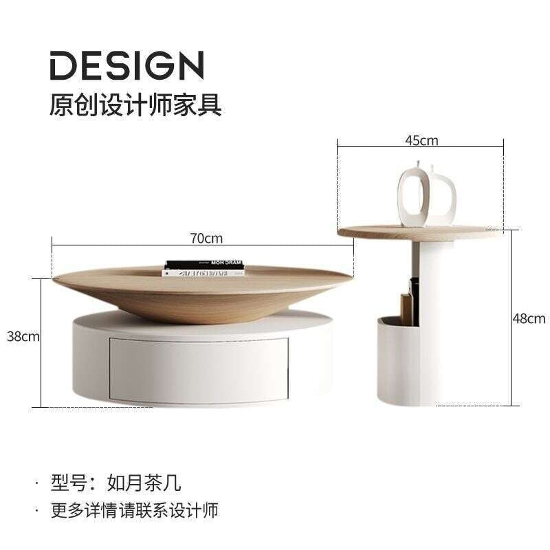 Round coffee table in natural wood color, minimalist modern style, simple for the living room.