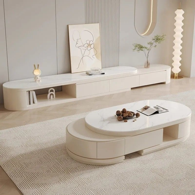 Nordic Light Luxury Modern Coffee Stone Board TV Cabinet Combined Small Oval Foldable Table for Living Room Home