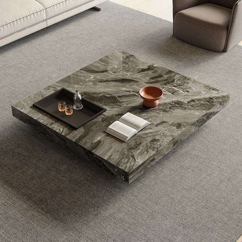Simple Italian style light luxury small square home living room stone slab solid wood coffee table design sense