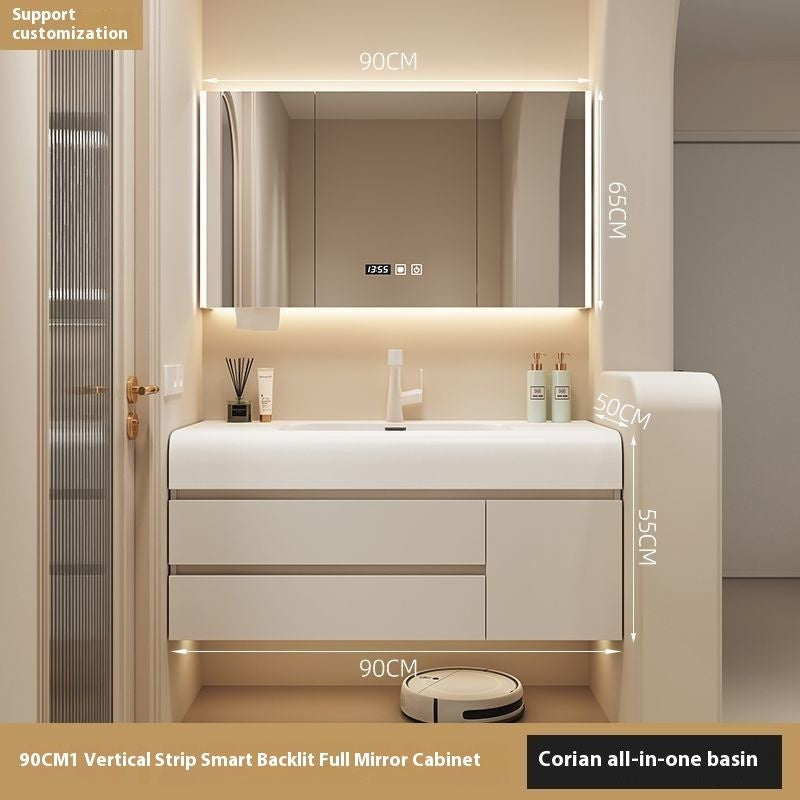 ห้องน้ำสีครีมห้องน้ำตู้กระจกสมาร์ทห้องน้ำฮาร์ดแวร์หิน 