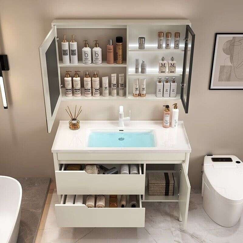 QW- Bathroom storage with oak wood gloss finish, smart mirror cabinet in the bathroom, bathroom sink set