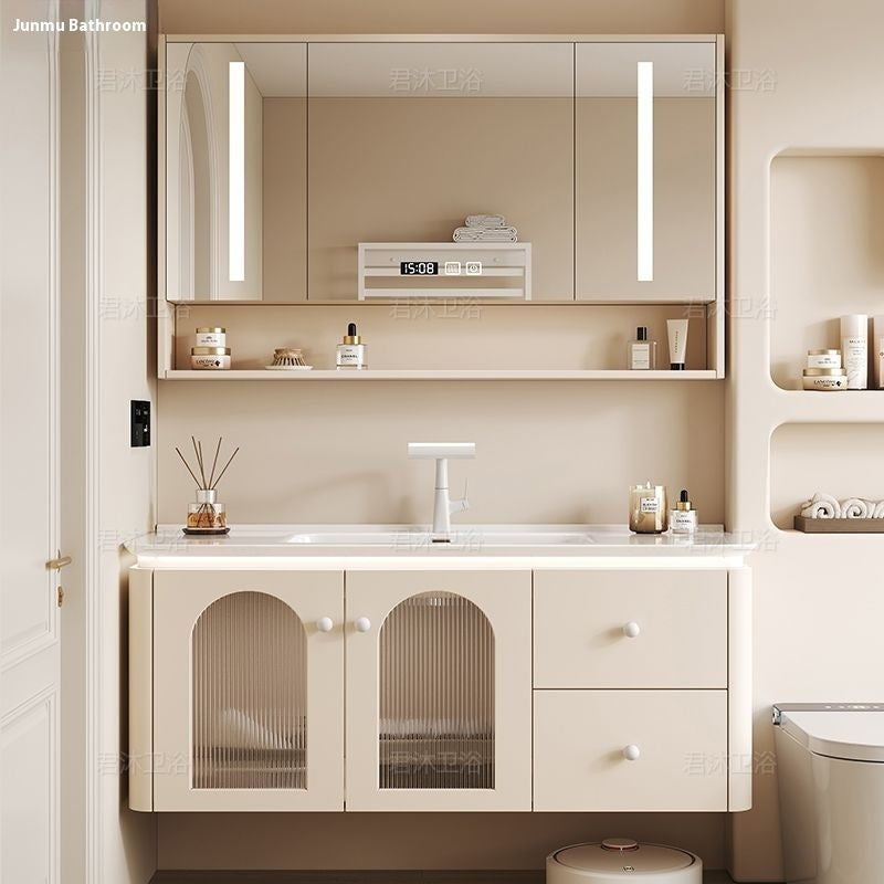 QW- Cream Color Storage Smart Mirror Cabinet Bathroom Sink Set