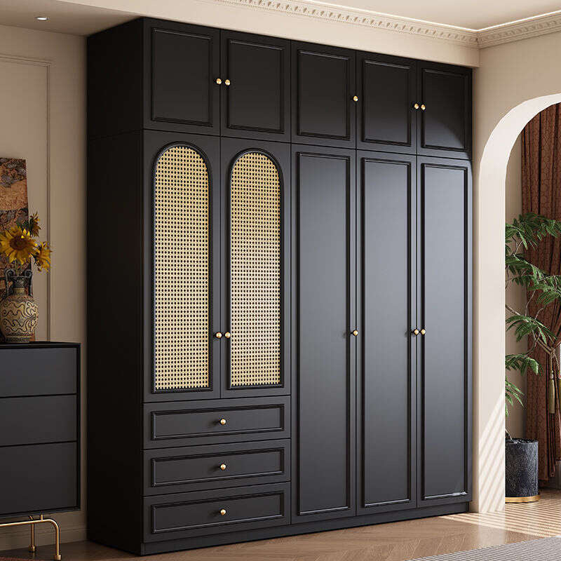 Black Real Wood Wardrobe with Rattan Doors for Home Bedroom small apartment American and French styles