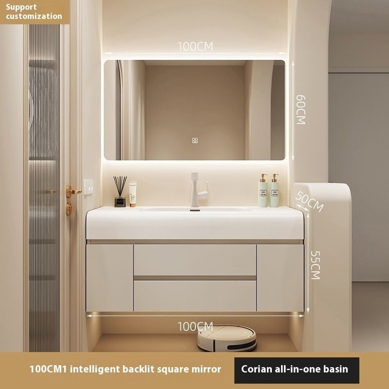 ห้องน้ำสีครีมห้องน้ำตู้กระจกสมาร์ทห้องน้ำฮาร์ดแวร์หิน 
