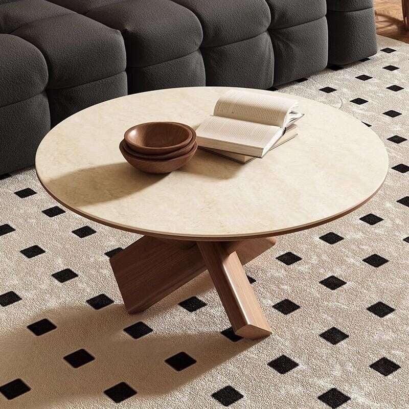 Coffee table, stone board, solid wood, round dowel and white ash base, living room, home coffee table.