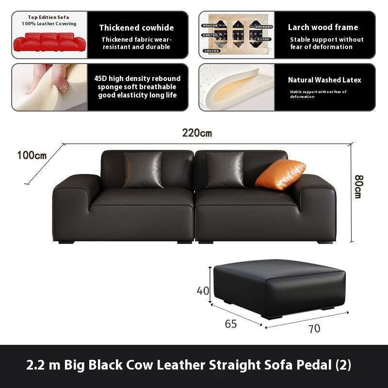 Italian Style Genuine Minimalist Cowhide Living Room Black Leather Sofa
