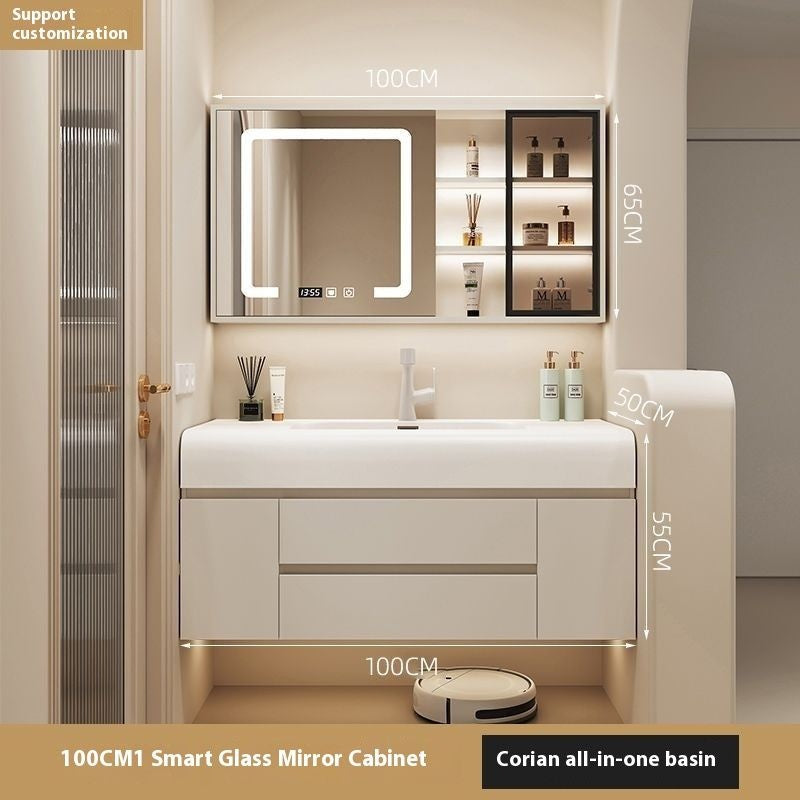 ห้องน้ำสีครีมห้องน้ำตู้กระจกสมาร์ทห้องน้ำฮาร์ดแวร์หิน 